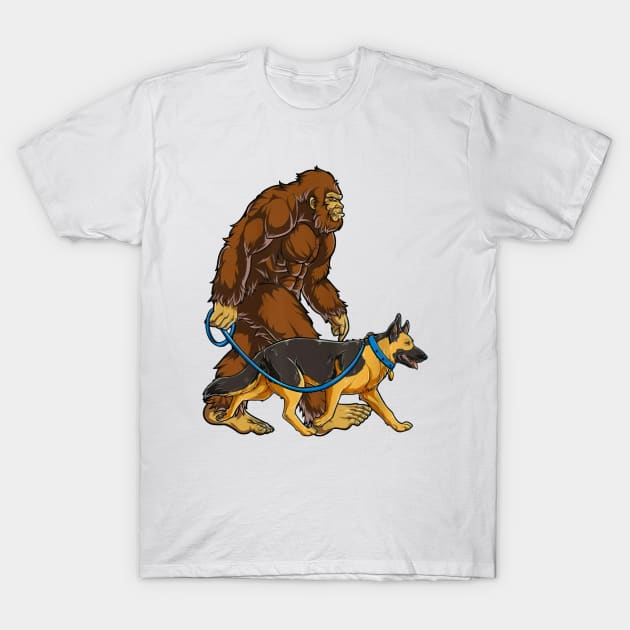 Funny Bigfoot Sasquatch Walking German Shepherd T-Shirt by JameMalbie